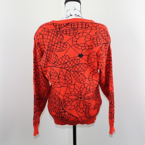 Vintage Floral Sweater Medium Oversized Red Orange - Picture 3 of 8